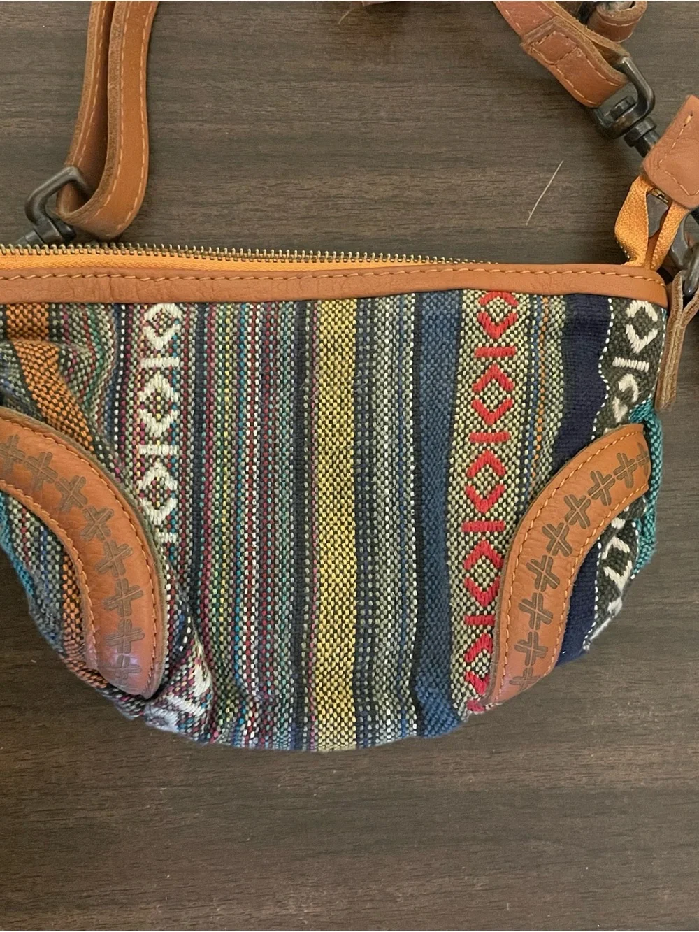 Multicolor Woven Crossbody Bag with Brown Trim